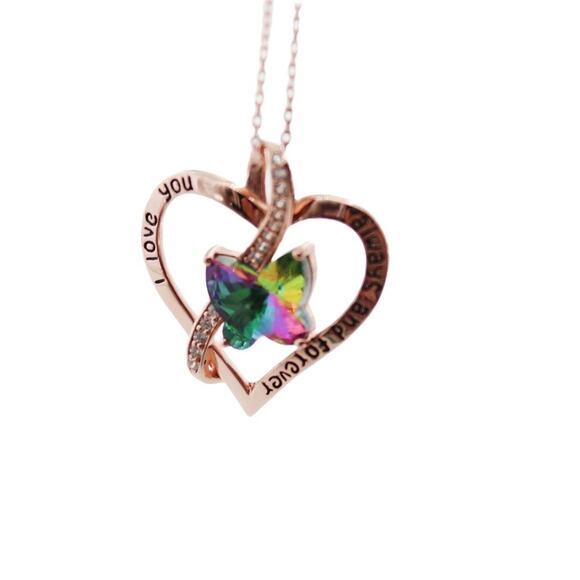 Old Rubin Heart Butterfly Necklace Rose Gold Plated - Picture 1 of 8